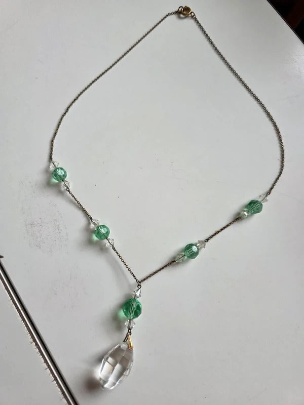 Vintage Art Deco Faceted Glass Drop Necklace – Green & Clear