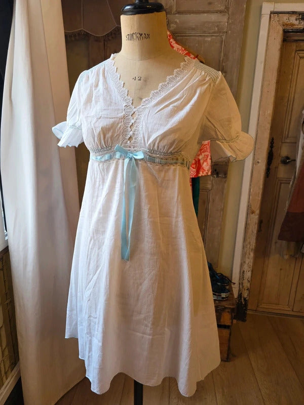 Vintage 1960s Italian White Cotton Negligee ~ Blue Ribbon Lace Nightdress Nightgown Cottagecore