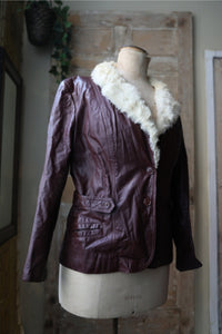 Vintage 1970s purple Leather Jacket – White Fur Collar – Statement Retro Coat