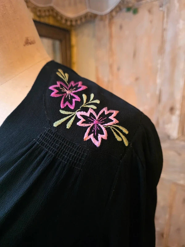 Vintage 1930s Black Crepe Dress Floral Embroidery Wrap Neckline Make Do And Mend UK 12