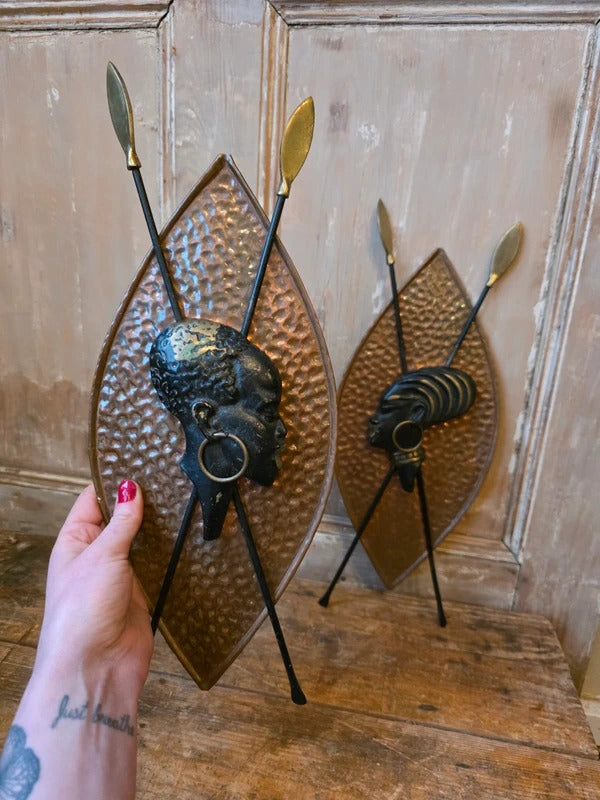RARE Vintage Pair Richard Rohac Wall Sculptures Bronze Brass Shield Spears Art Deco / Mid Century