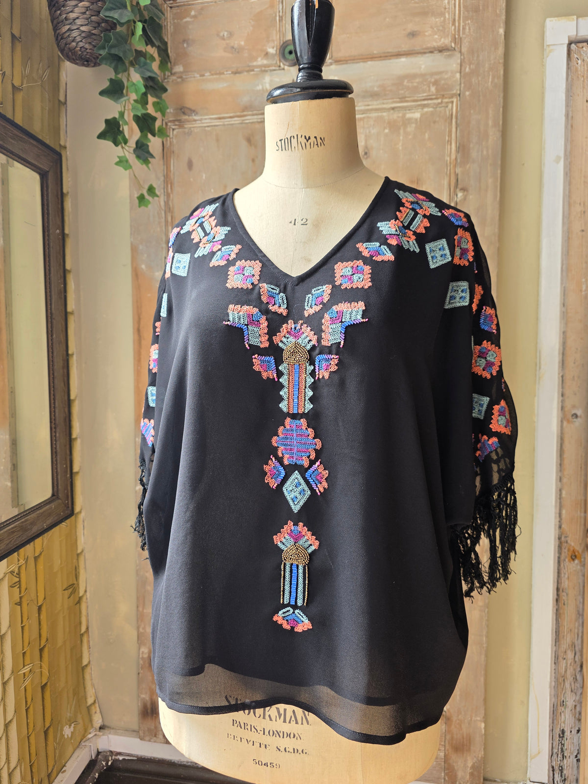 Vintage Biba Aztec Embroidered Beaded Top with Fringe Sleeves – Size 16
