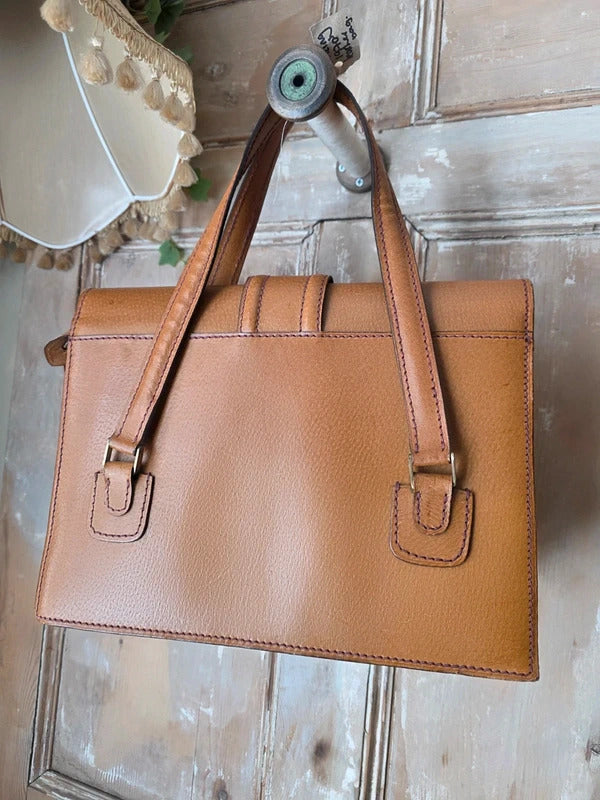 Vintage 1970s Tan Leather Satchel Contrast Stitch Briefcase Bag
