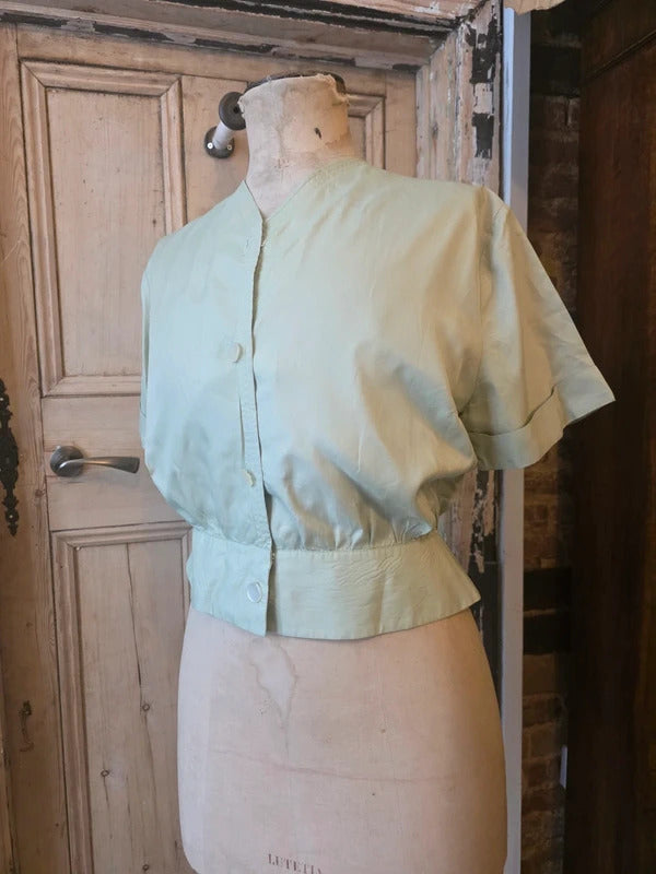 Vintage 1950s Pale Green Fitted Blouse – Charles Hire Worthing, Button Front, Cinched Waist