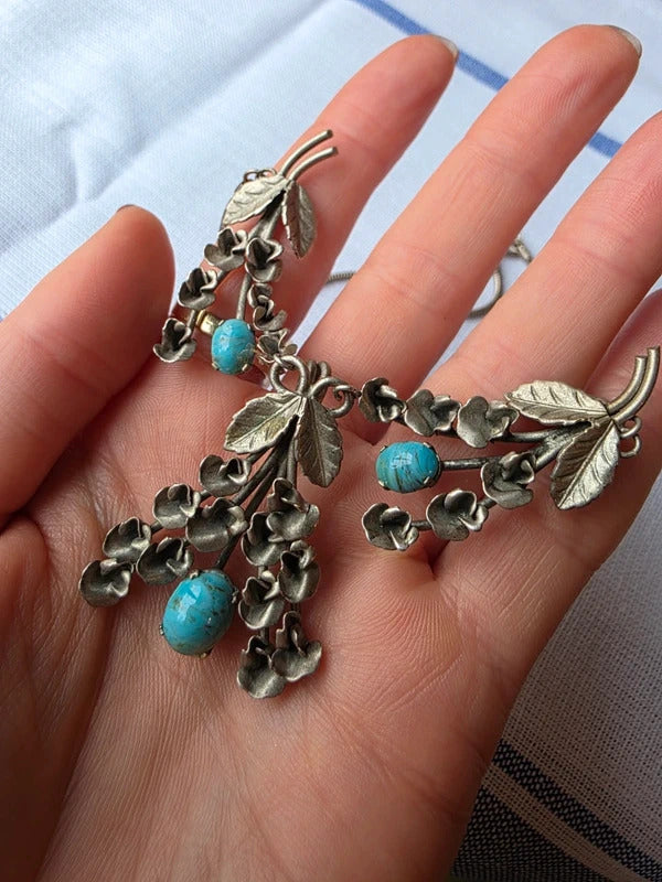 Vintage Mid Century Silver Tone Floral Necklace with Turquoise Blue Drops