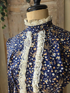 Vintage Prairie Dress High Neck Long Sleeve Maxi Lace Floral Cottagecore 70s