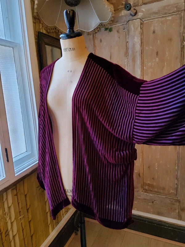 Vintage Charles And Patricia Lester Silk Devoré Velvet Kimono Jacket bugundyStriped