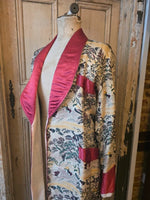 Load image into Gallery viewer, Vintage 1940s Japanese Silk Dressing Gown / Smoking Robe – Scenic Print – Red Satin Trim
