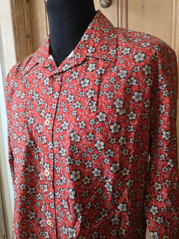 Pretty Green Liberty Print Shirt – Red Floral Cotton Slim Fit Button Up – Size XL