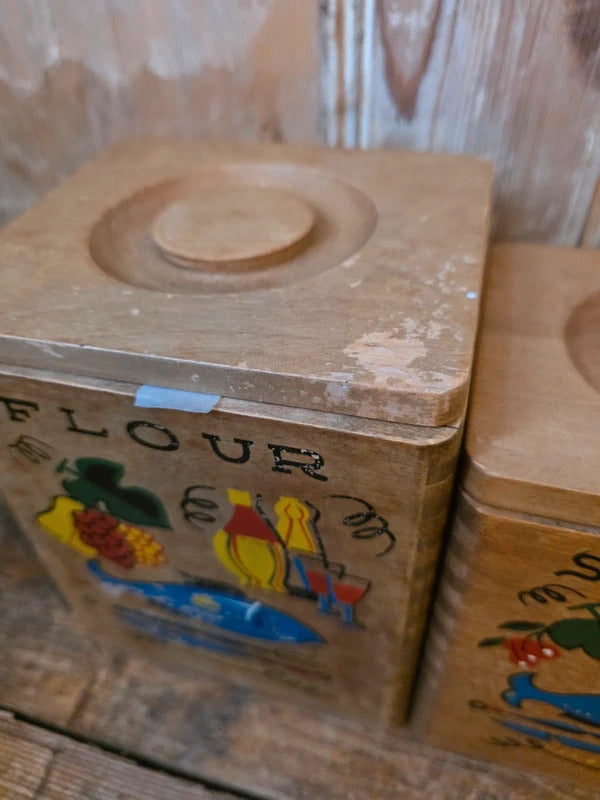 Vintage 1940s–1950s Hand-Painted Kitchen Canister Set (Flour, Sugar, Coffee, Tea)