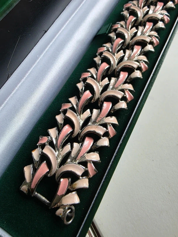 Vintage 1950s enamel and metal pink and cream bracelet