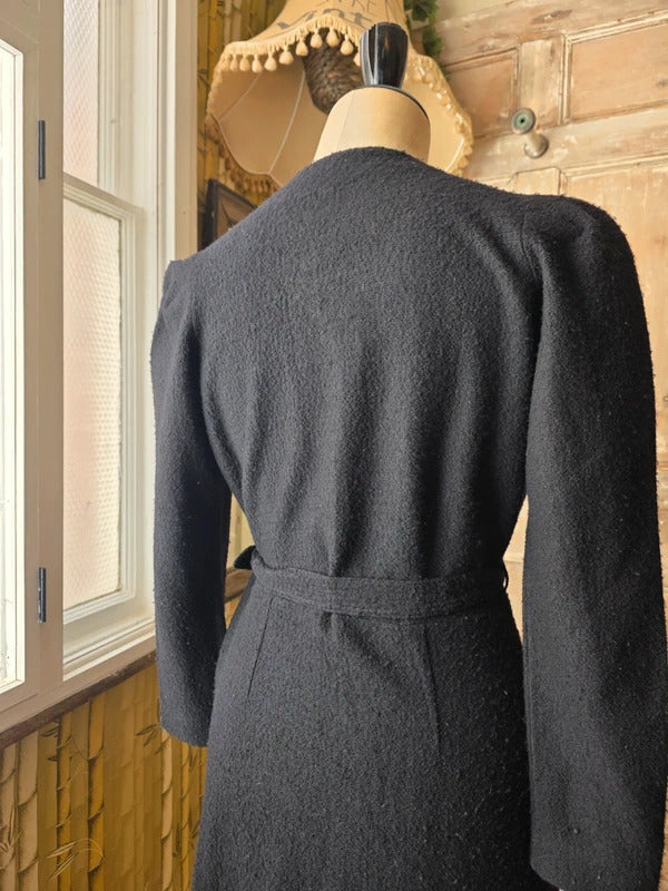 Vintage 1930s Black Wool Dress Embroidered Flowers Covered Buttons Waddesdon Manor UK 14