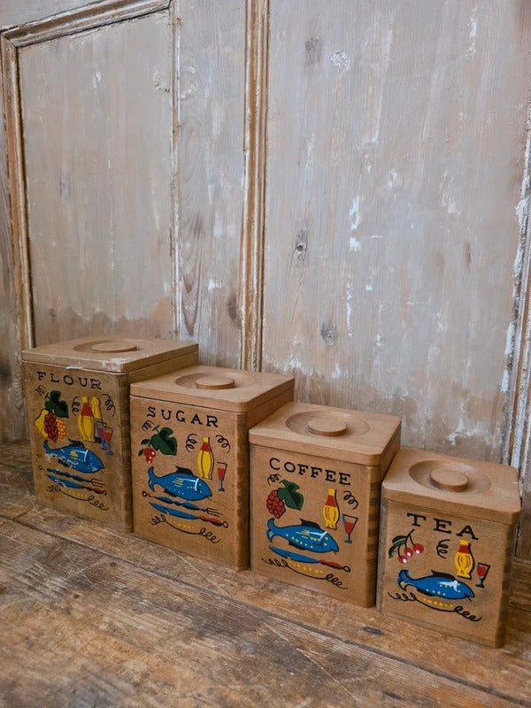 Vintage 1940s–1950s Hand-Painted Kitchen Canister Set (Flour, Sugar, Coffee, Tea)