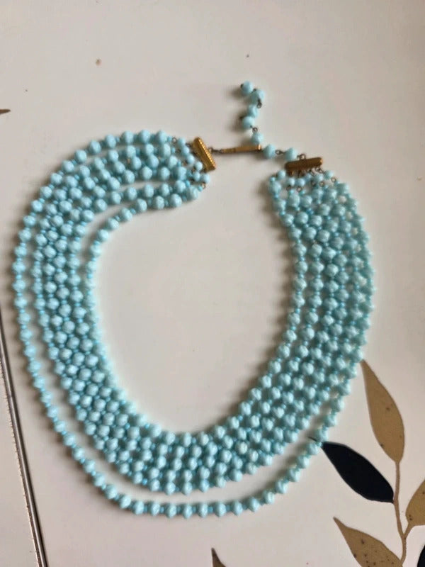 Vintage 1950s Czech Blue Milk Glass Multi Strand Necklace