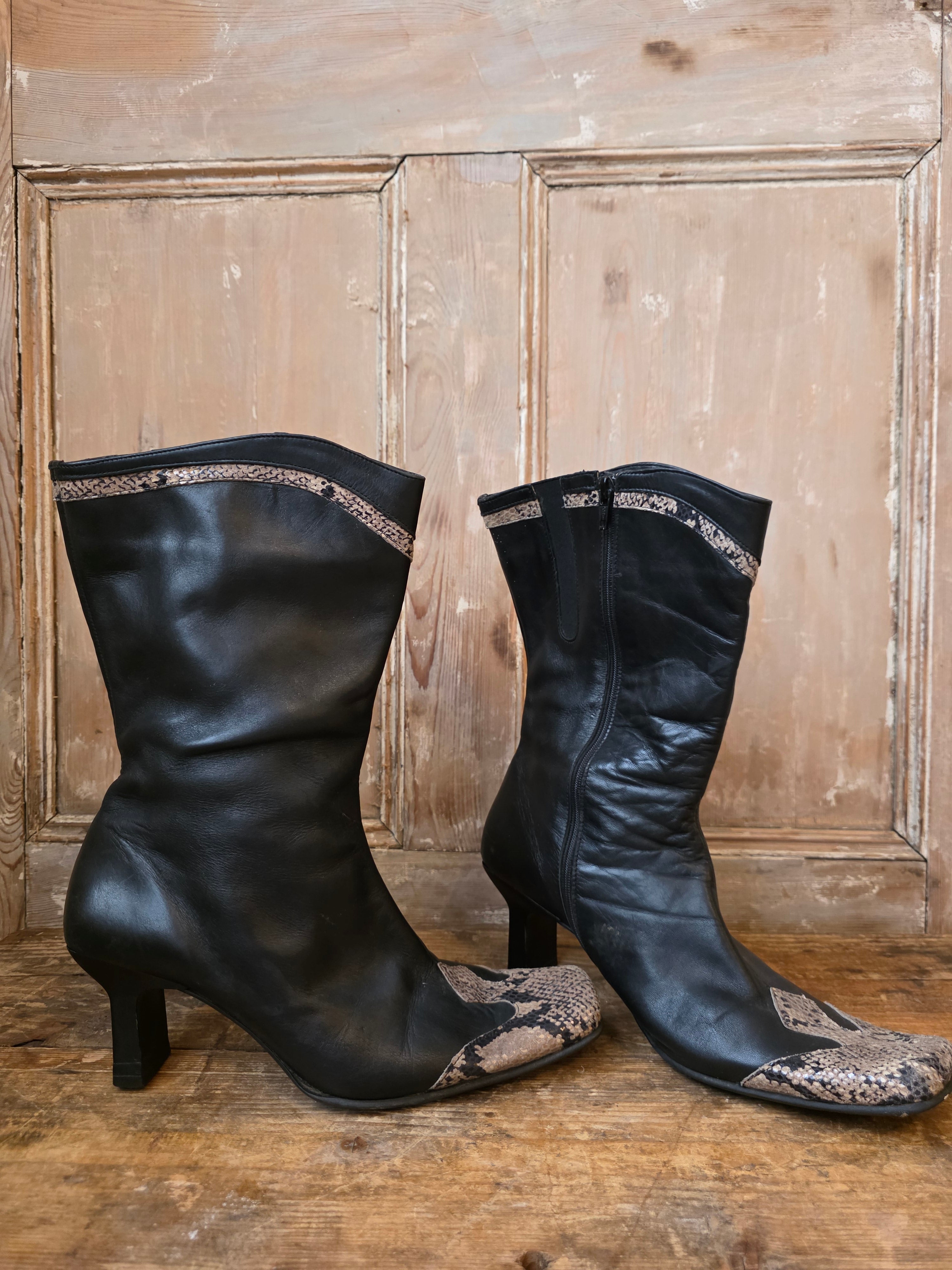 Vintage Y2K Western Style Real Leather Boots Faux Snakeskin Front by Caster UK8