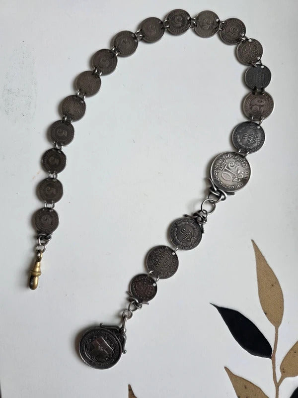 Antique Sterling Silver Coin Pocket Watch Chain – 1890s Coins – Hallmarked Albert Chain