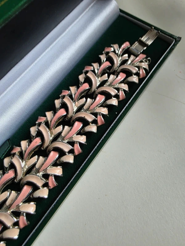 Vintage 1950s enamel and metal pink and cream bracelet