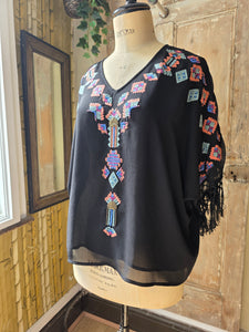 Vintage Biba Aztec Embroidered Beaded Top with Fringe Sleeves – Size 16