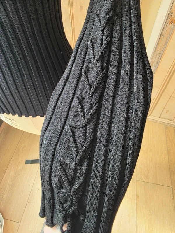 Vintage  y2k Belldini Black Ribbed Zip-Up Knit Cardigan Sweater Cable-Detail Sleeve