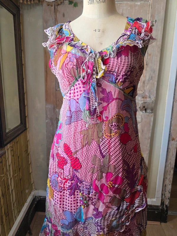 Vintage Y2K Silk Beaded Dress | Floral | fairycore | Bust 38"
