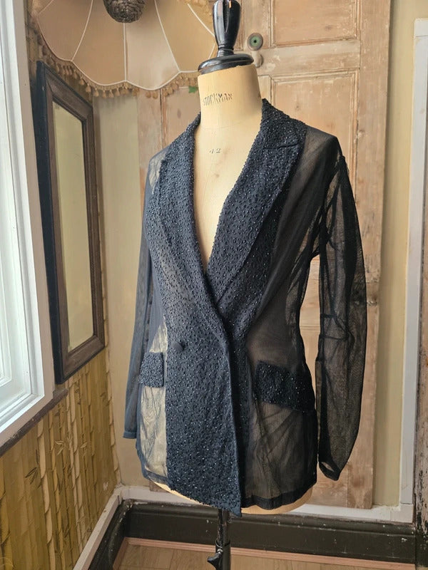 Nicole Farhi Vintage Beaded Sheer Blazer Black UK 12-14