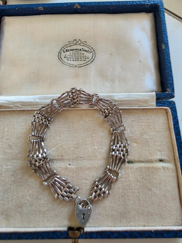 Vintage Sterling Silver Gate Charm Bracelet with Heart Padlock Clasp