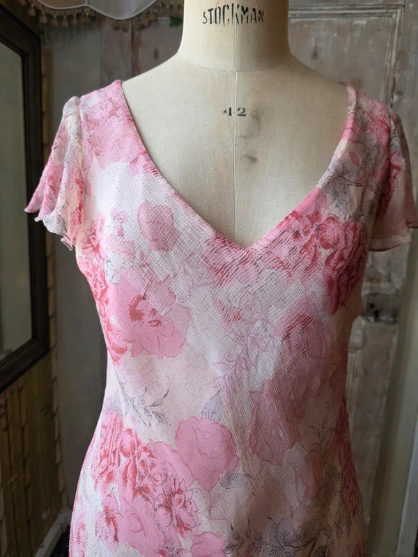 Vintage Y2K fairycore Monsoon Silk Floral Maxi Dress | Bias Cut Cottagecore Gown | UK 14/16