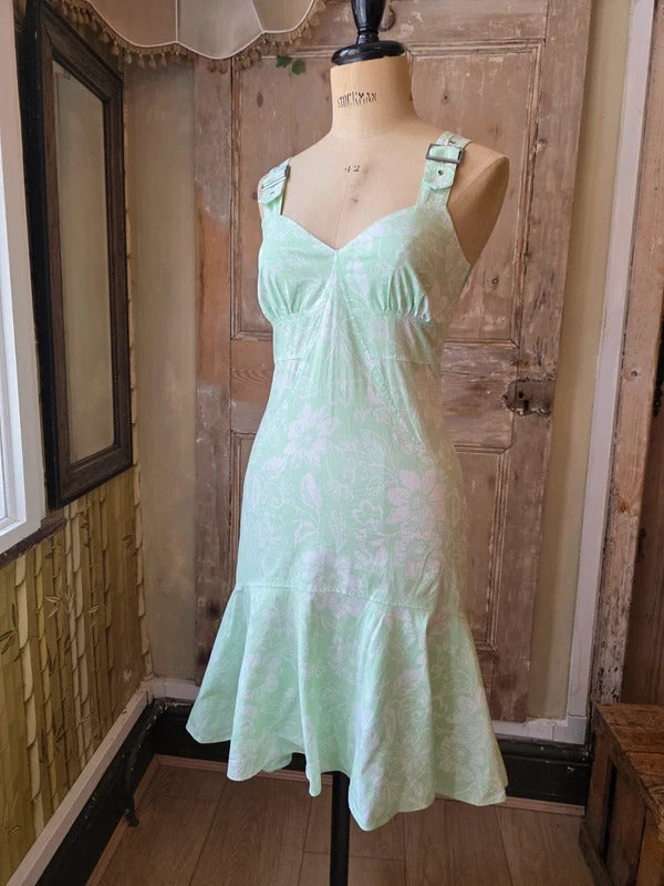 Vintage Y2K Mint Green Floral Buckle-Strap Midi Dress UK8