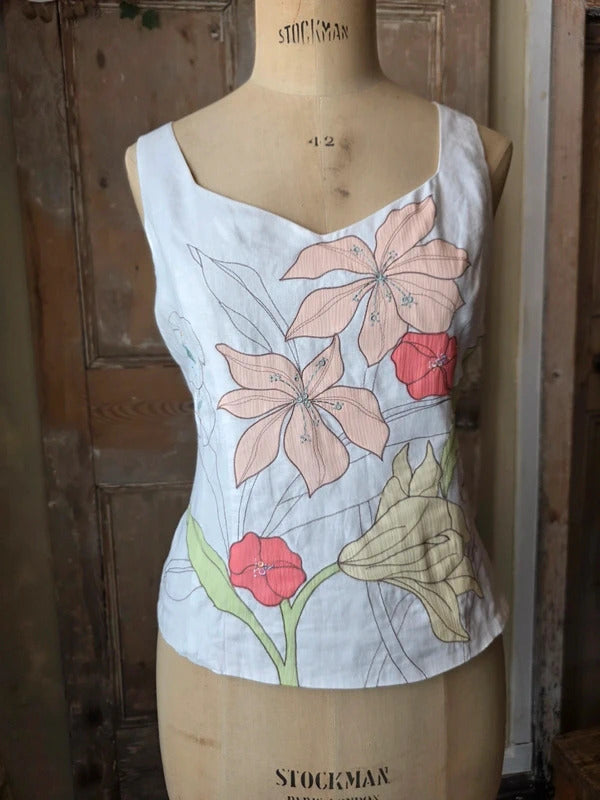 Vintage Y2K Kaliko White Linen Floral Appliqué Vest Top UK 12