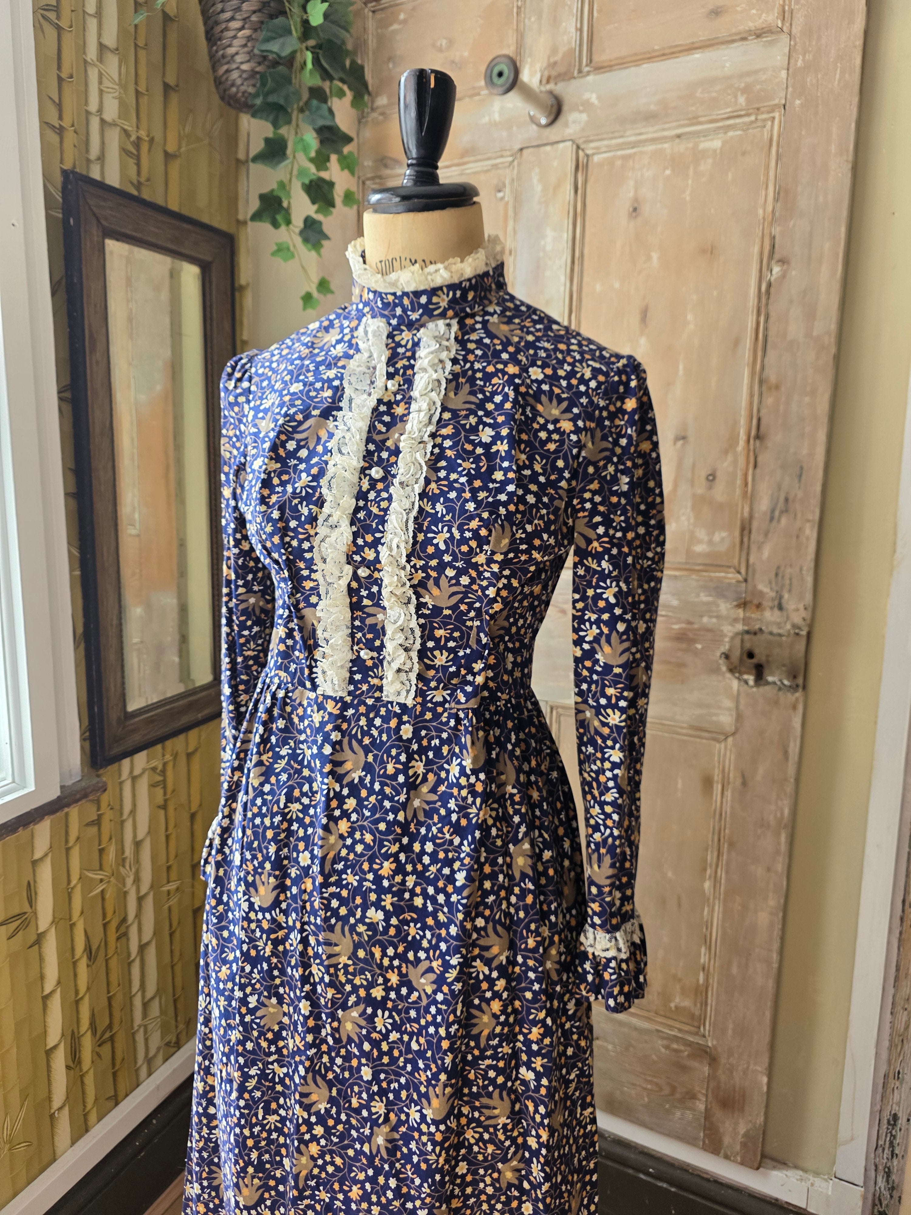 Vintage Prairie Dress High Neck Long Sleeve Maxi Lace Floral Cottagecore 70s