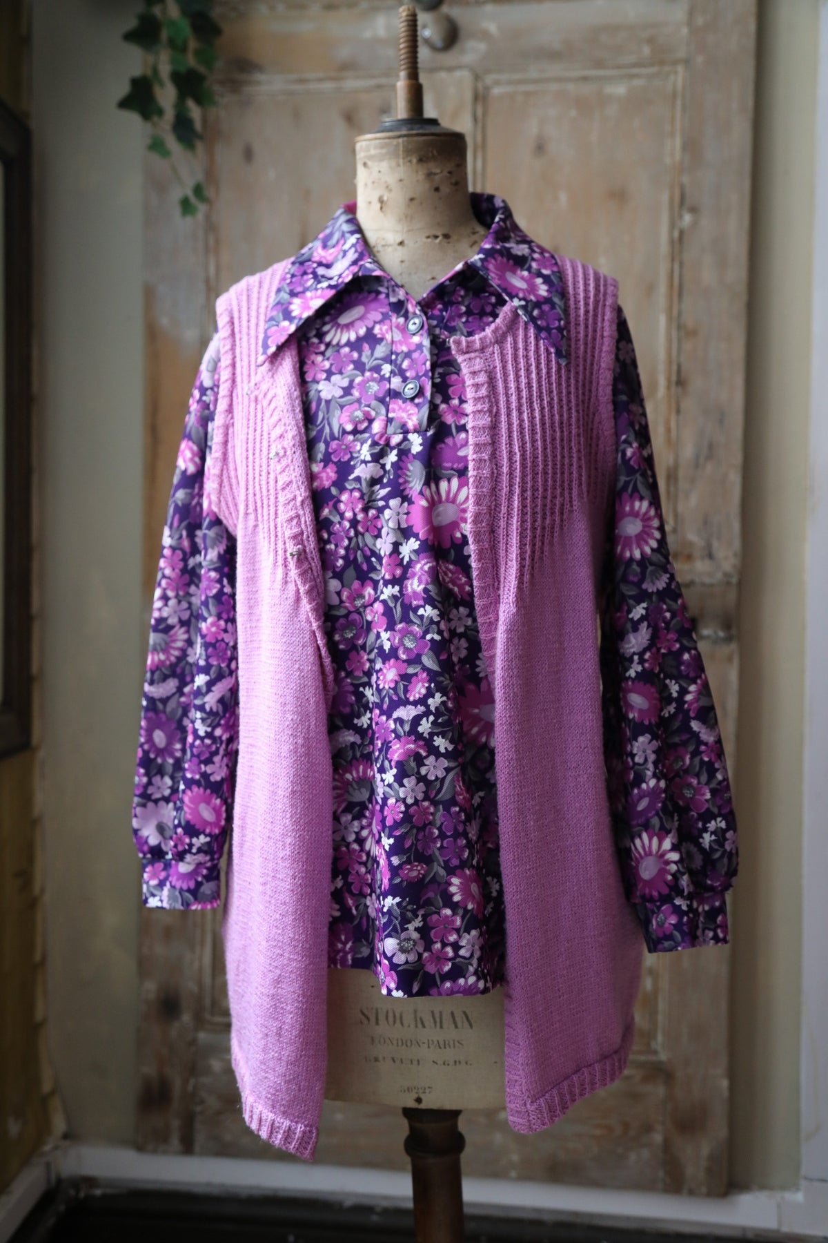Vintage 1970s two piece - purple floral print blouse - knitted waistcoat