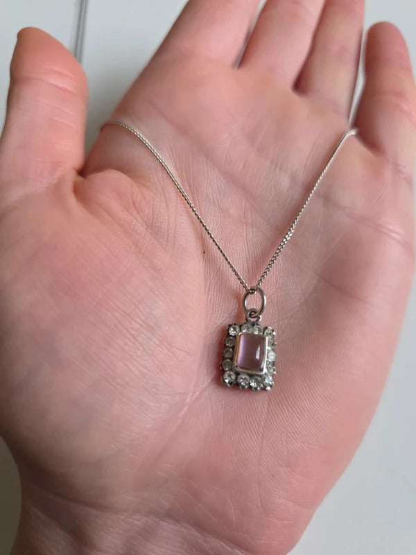 Original Art Deco Pink Glass & Rhinestone Pendant Necklace