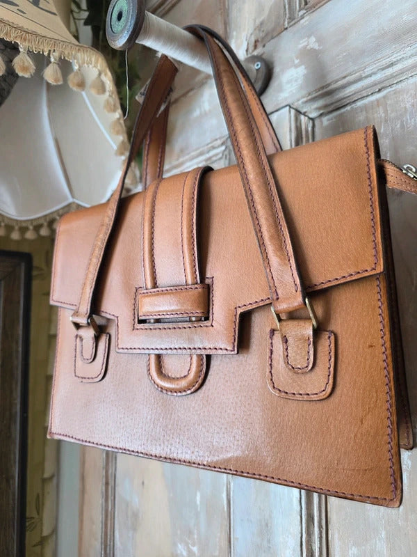 Vintage 1970s Tan Leather Satchel Contrast Stitch Briefcase Bag