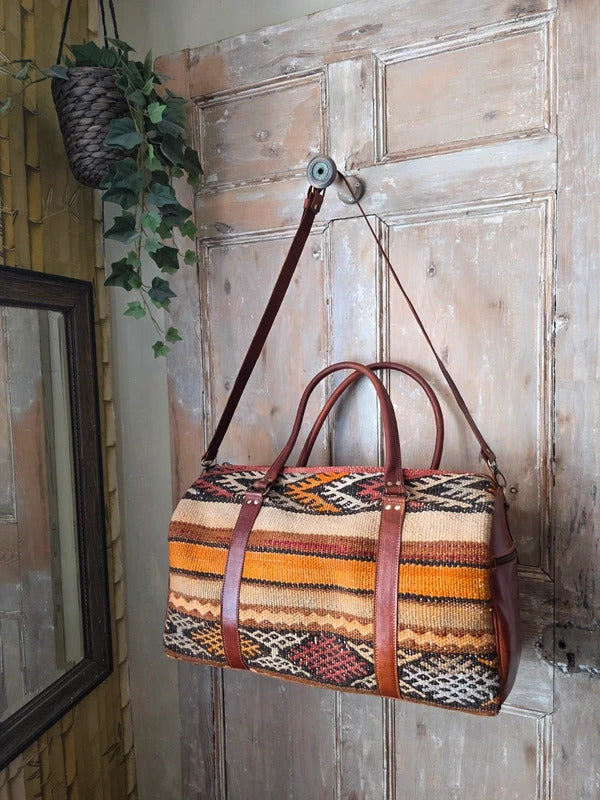 New Handmade Wool Leather Travel Bag Kilim Weekender Overnight Holdall