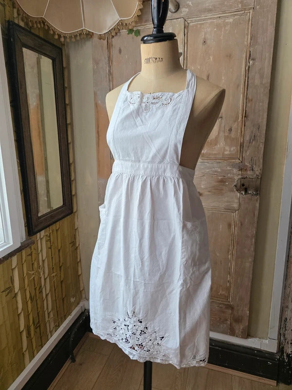 Antique 1920s White Cotton and Lace Apron Pinafore