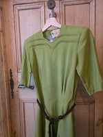 Load image into Gallery viewer, Late 1930s / Early 1940s Rembrandt Green Dress – Fitted Waist, Button Back, Pleated Skirt XS
