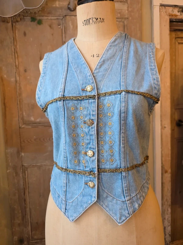 Vintage 1990s Gin Rummy fitted western Gold-Embellished Denim Waistcoat  UK 8