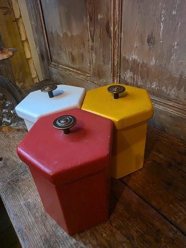 Vintage Mid Century 1950s 1960s Handmade Wooden Kitchen Canisters – Colourful Storage Jars Set