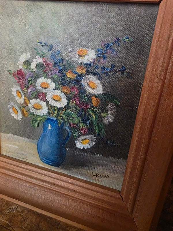 Vintage Signed Still Life Oil Painting of Daisies in Blue Jug – Pine Framed Floral Artwork