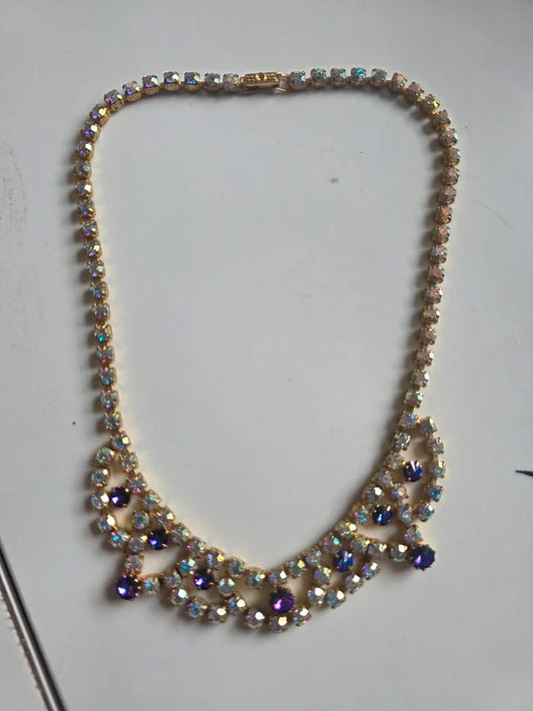 Vintage 1950s Aurora Borealis & Purple Rhinestone Necklace