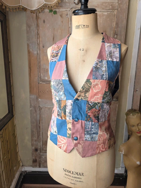 Vintage 1990s Patchwork Tapestry Waistcoat Boho Uk12