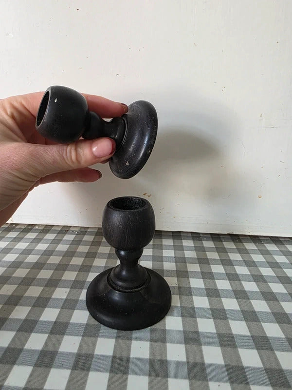 Vintage Hand Turned Wooden Candlesticks – Pair (Ebonised Wood)