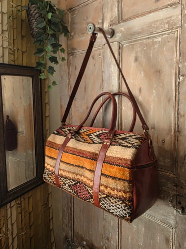 New Handmade Wool Leather Travel Bag Kilim Weekender Overnight Holdall
