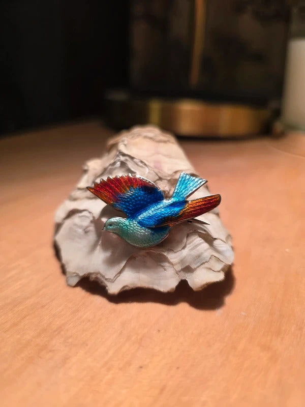 Vintage 1950s Sterling Silver Enamel Bird Brooch – Mid-Century