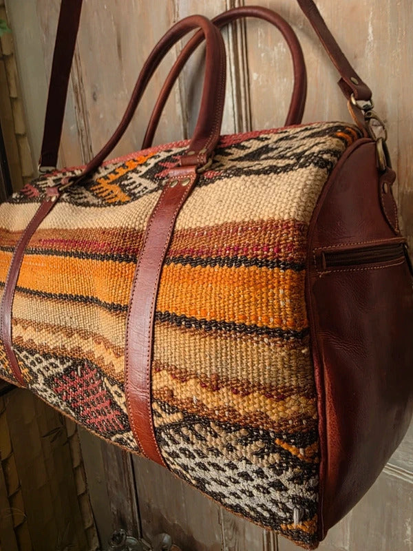 New Handmade Wool Leather Travel Bag Kilim Weekender Overnight Holdall