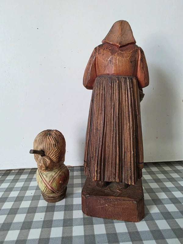 Vintage Hand Carved Folk Art Wooden Figures – Peasant Woman & Novelty Head