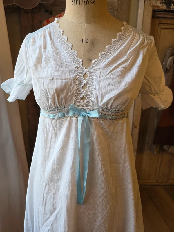Vintage 1960s Italian White Cotton Negligee ~ Blue Ribbon Lace Nightdress Nightgown Cottagecore
