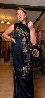 Load image into Gallery viewer, Vintage 1960s Black &amp; Gold Hand-Beaded Cheongsam Dress
