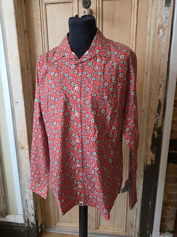 Pretty Green Liberty Print Shirt – Red Floral Cotton Slim Fit Button Up – Size XL