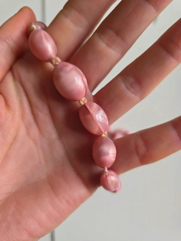 Vintage 1930s czech Mottled Pink Glass Graduated Bead Necklace – Long Strand